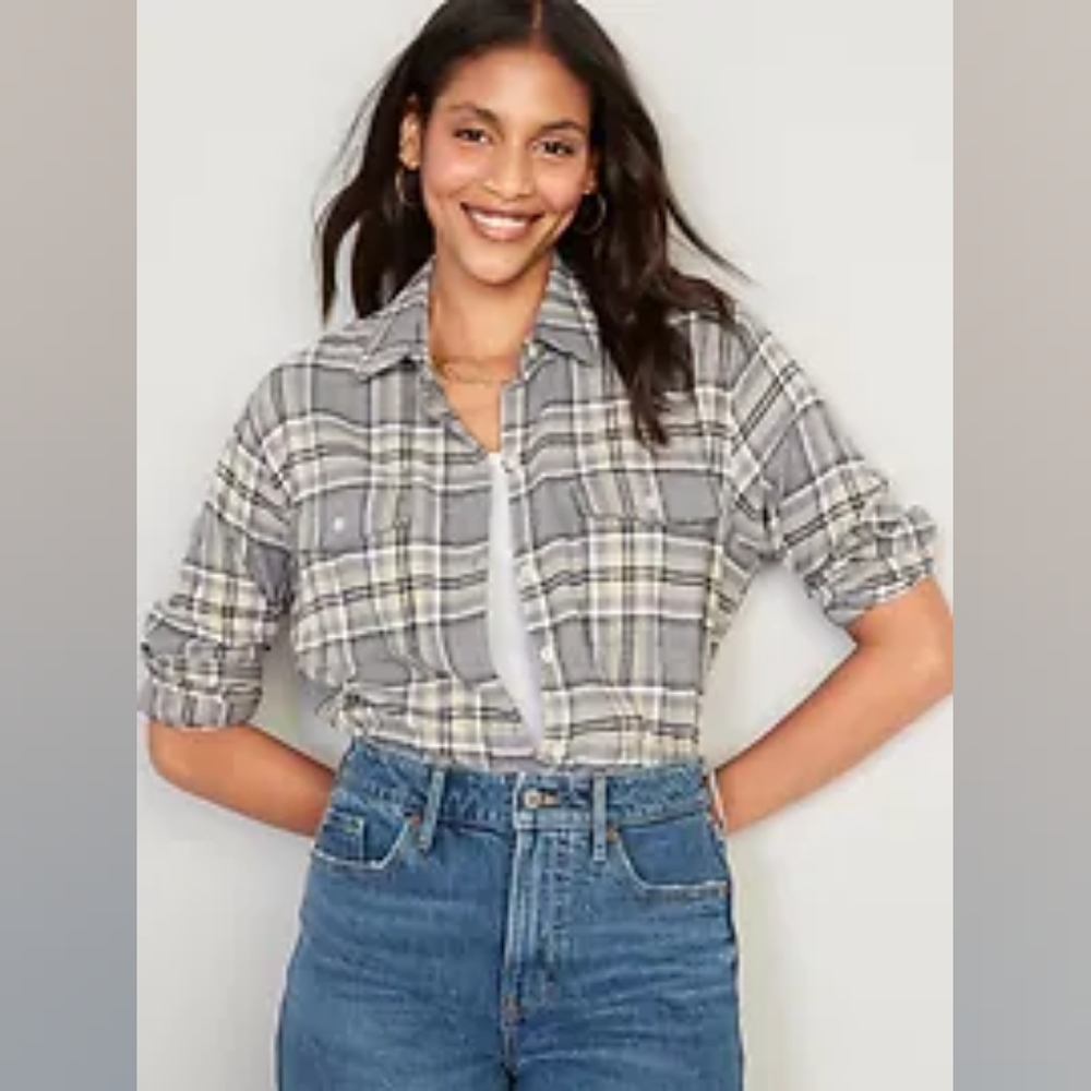 Old Navy Long-Sleeve Plaid Flannel Boyfriend Tunic Shirt